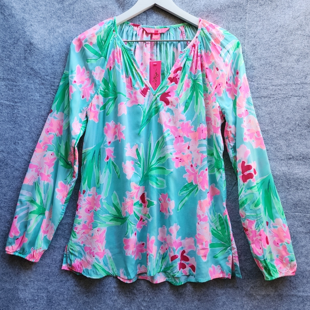 Lilly Pulitzer Willa Top In Floral Aqua Al Freso Isn't She Lovely Resort Beach - Picture 3 of 9